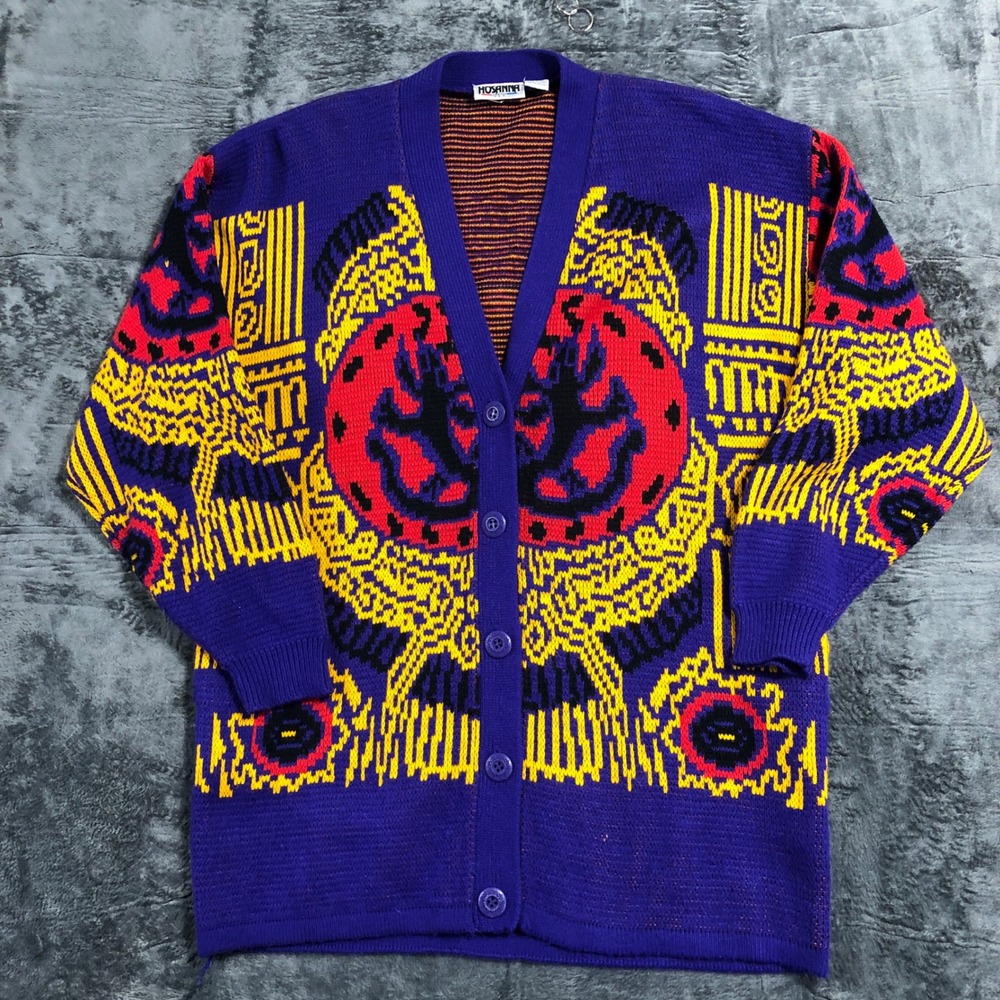 Hosanna Design Cardigan Sweater Womens Medium‎ Purple Abstract Vintage 80s 90s